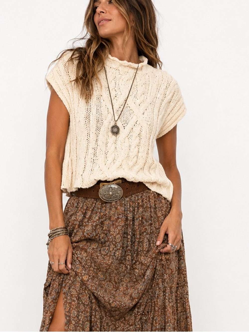 Free People Ivory Cable Knit Cropped Sweater Vest Boho Size Extra Small